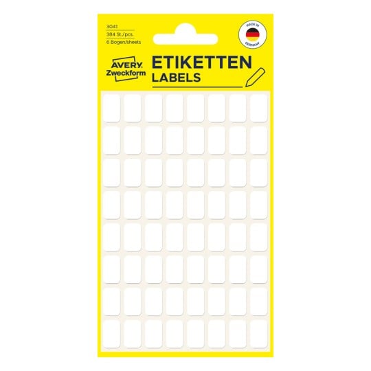 Emballagebillede: Avery Zweckform Non A4 Universal-Etiketter til håndskrivning, Artikel: 3041, Format: 13 x 8 mm, Indhold: 384 etiketter / 6 ark, 64 etiketter/ark.