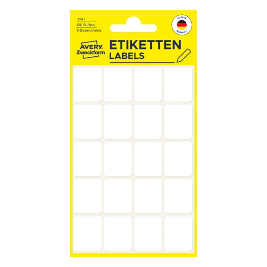 Emballagebillede: Avery Zweckform Non A4 Universal-etiketter til håndskrift, Artikel: 3043, Format: 22 x 18 mm, Indhold: 120 etiketter / 6 ark, 20 etiketter/ark?