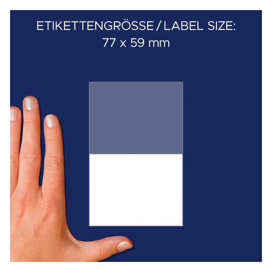 Størrelsesammenligning med hånd, artikel: 3046, et ark flerbrugs-etiketter, format: 77 x 59 mm, farve: hvid.