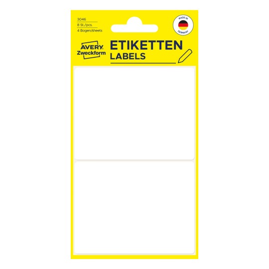 Pakkebillede: Avery Zweckform Universal-etiketter til håndskrift, Artikel: 3046, Format: 77 x 59 mm, Indhold: 8 etiketter / 4 ark, 2 etiketter/ark