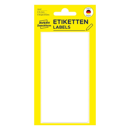 Pakkeillustration: Avery Zweckform Ikke A4 Universal-etiketter til håndskrift, Artikel: 3047, Format: 98 x 51 mm, Indhold: 6 etiketter / 6 ark, 1 etiket/ark