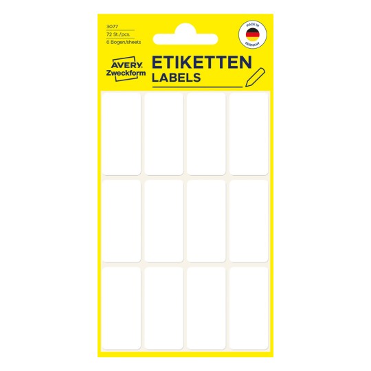 Pakningsbillede: Avery Zweckform Non A4 Universale-etiketter til håndskrift, Artikel: 3077, Format: 38 x 18 mm, Indhold: 72 etiketter / 6 ark, 12 etiketter/ark.
