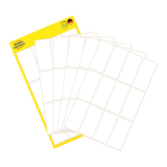 Pakkeillustration med etiketark: Avery Zweckform flerbrugs-etiketter, Artikel: 3077, Format: 38 x 18 mm, Indhold: 72 etiketter / 6 ark, 12 etiketter/ark?