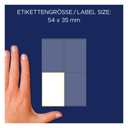 Størrelsessammenligning med hånd, Artikel: 3087, et ark universaletiketter, Format: 54 x 35 mm, Farve: Hvid?