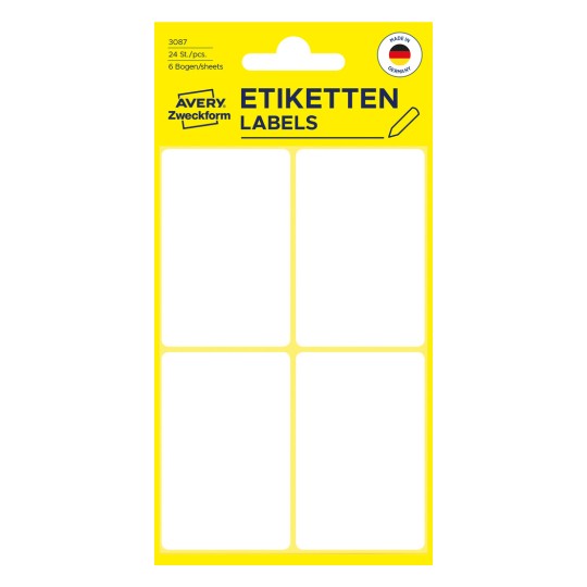 Pakningsbillede: Avery Zweckform Non A4 universalmærkater til håndskrift, artikel: 3087, format: 54 x 35 mm, indhold: 24 mærkater / 6 ark, 4 mærkater/ark.