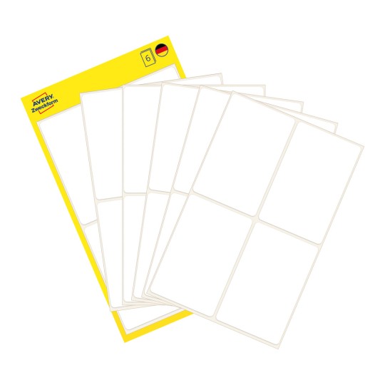 Pakkebillede med etiketark: Avery Zweckform universaletiketter, Artikel: 3087, Format: 54 x 35 mm, Indhold: 24 etiketter / 6 ark, 4 etiketter/ark?