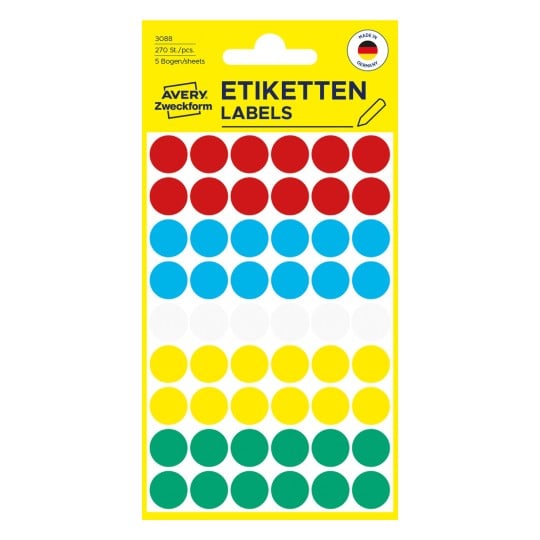 Pakningsbillede: Avery Zweckform Farvede Markeringspunkter, Artikel: 3088, Format: ⌀ 12 mm, Indhold: 270 markeringspunkter / 5 ark, 54 markeringspunkter/ark.