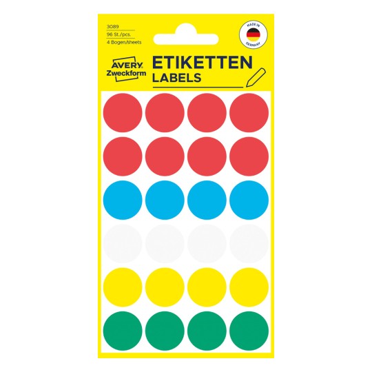 Pakningsbillede: Avery Zweckform Farvede Markeringspunkter, Artikel: 3089, Format: ⌀ 18 mm, Indhold: 96 markeringspunkter / 4 ark, 24 markeringspunkter/ark