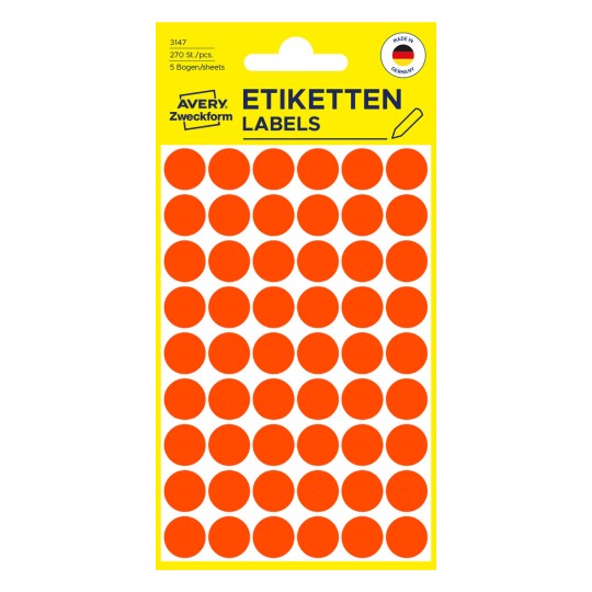 Pakkeillustration: Avery Zweckform Farvede Markeringspunkter, Artikel: 3147, Format: ⌀ 12 mm, Indhold: 270 markeringspunkter / 5 ark, 54 markeringspunkter/ark.