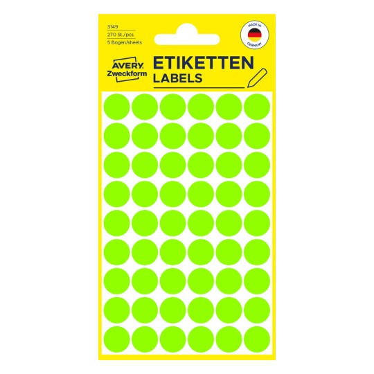 Pakningsbillede: Avery Zweckform Farvede Markeringspunkter, Artikel: 3149, Format: ⌀ 12 mm, Indhold: 270 markeringspunkter / 5 ark, 54 markeringspunkter/ark.