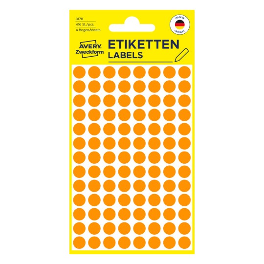 Pakningsbillede: Avery Zweckform Farvede Markeringspunkter, Artikel: 3178, Format: ⌀ 8 mm, Indhold: 416 markeringspunkter / 4 ark, 104 markeringspunkter/ark