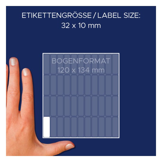 Størrelsessammenligning med hånd, Artikel: 3320, et ark multifunktionelle etiketter, Format: 32 x 10 mm, Farve: Hvid?