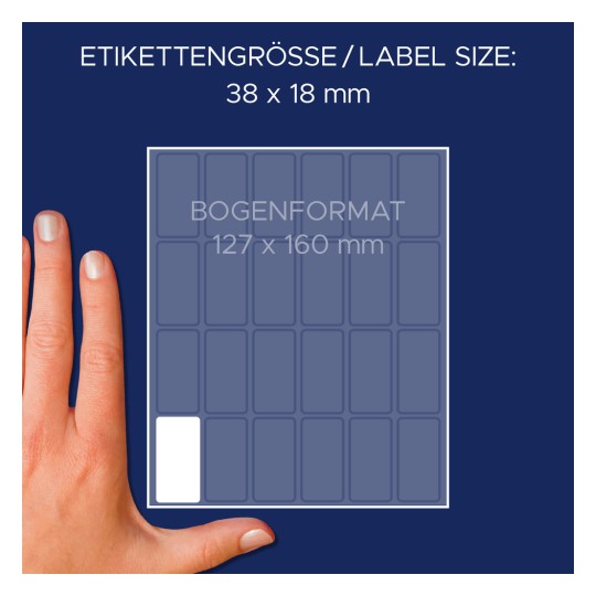 Størrelsessammenligning med hånd, artikel: 3324, et ark multifunktionelle etiketter, format: 38 x 18 mm, farve: hvid?