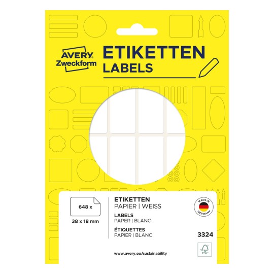 Pakningsbillede: Avery Zweckform Non A4 Universal-etiketter til håndskrift, Artikel: 3324, Format: 38 x 18 mm, Indhold: 648 etiketter / 27 ark, 24 etiketter/ark