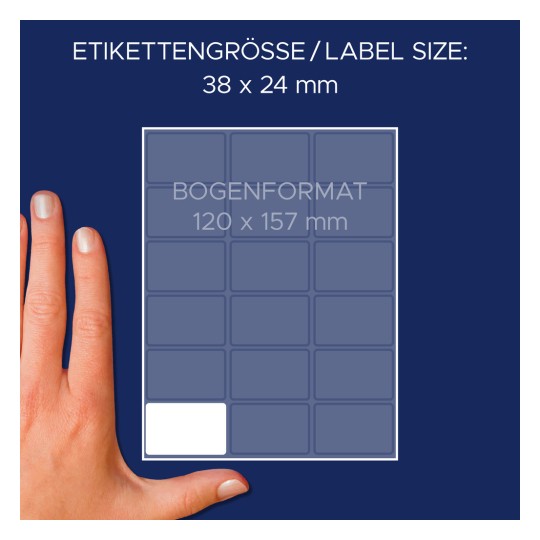 Størrelsessammenligning med hånd, Artikel: 3325, et ark med alsidige etiketter, Format: 38 x 24 mm, Farve: Hvid?
