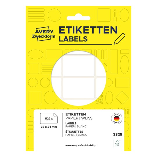 Pakningsbillede: Avery Zweckform Non A4 Universal-etiketter til håndskrift, artikel: 3325, format: 38 x 24 mm, indhold: 522 etiketter / 29 ark, 18 etiketter/ark.
