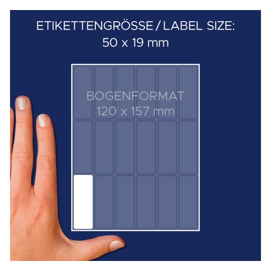 Størrelsessammenligning med hånd, artikel: 3327, et ark multifunktionelle etiketter, format: 50 x 19 mm, farve: hvid.