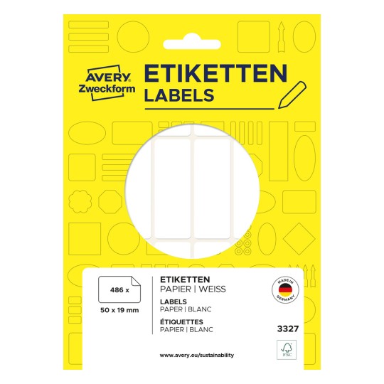 Æskeillustration: Avery Zweckform Non A4 universelle etiketter til håndskrivning, Artikel: 3327, Format: 50 x 19 mm, Indhold: 486 etiketter / 27 ark, 18 etiketter/ark.