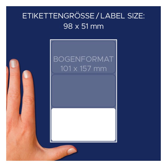 Størrelsessammenligning med hånd, Artikel: 3331, et ark flerbrugsetiketter, Format: 98 x 51 mm, Farve: Hvid?