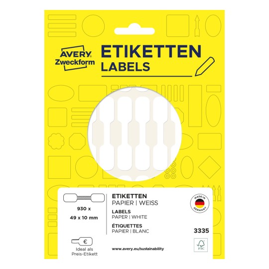 Pakningsbillede: Avery Zweckform Non A4 prisetiketter til håndskrivning, Artikel: 3335, Format: 49 x 10 mm, Indhold: 930 etiketter / 31 ark, 30 etiketter/ark
