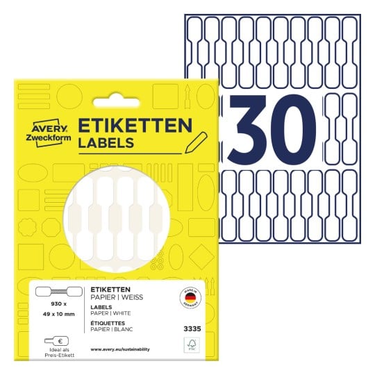 Æske med etiketark: Avery Zweckform prismærkater, artikel: 3335, format: 49 x 10 mm, indhold: 930 etiketter / 31 ark, 30 etiketter/ark?