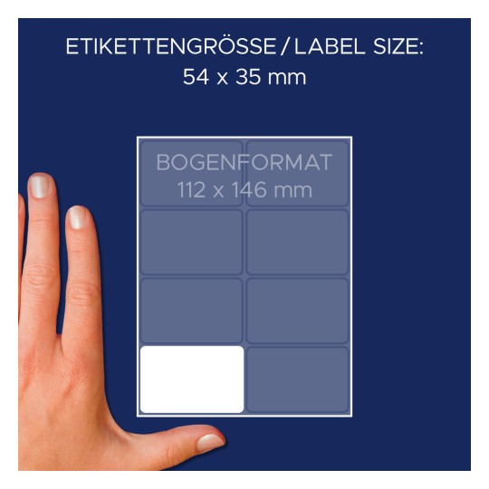 Størrelsessammenligning med hånd, artikel: 3337, et ark multifunktions-etiketter, format: 54 x 35 mm, farve: hvid?