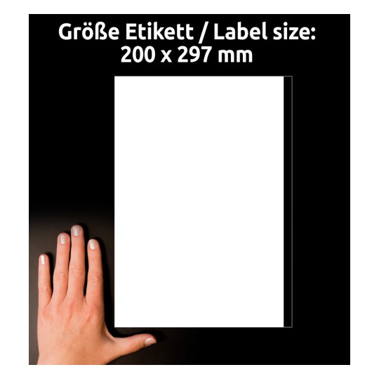 Størrelsessammenligning med hånd, artikel: 3418, et ark universal-etiketter, format: 200 x 297 mm, farve: Hvid?