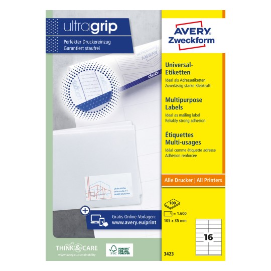 Æskebillede: Avery Zweckform Universal-etiketter, permanent klæbende, Artikel: 3423, Format: 105 x 35 mm, Printkompatibilitet: Inkjet, Laser s/h, Farvelaser, Indhold: 1.600 etiketter / 100 ark, 16 etiketter/ark.