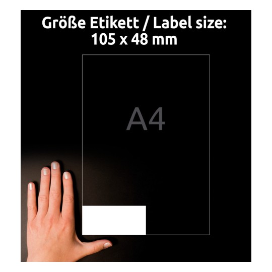Størrelsessammenligning med hånd, artikel: 3424-10, et ark etiketter, hjemmekontor, små pakke, format: 105 x 48 mm, farve: hvid?