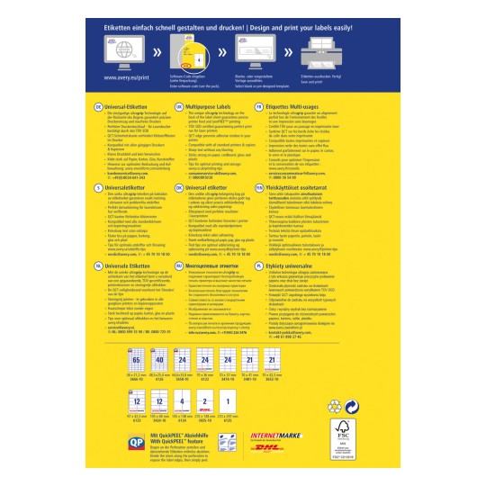 Billedet er en informativ grafik om etiketudskrivning. Det inkluderer detaljer om universelle etiketter, udskriftskompatibilitet og designinstruktioner på flere sprog, sammen med billeder af etiketter og kontaktoplysninger til kundeservice.