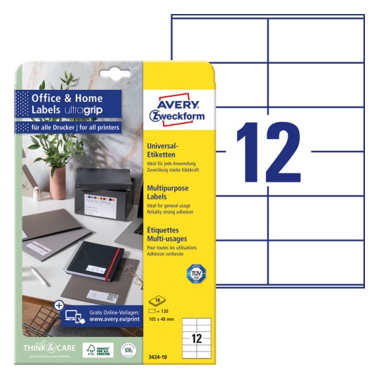 Pakkebillede med etiketark: Avery Zweckform etiketter, hjemmekontor, lillepakke, artikel: 3424-10, format: 105 x 48 mm, printkompatibilitet: Inkjet, laser sort/hvid, farvelaser, indhold: 120 etiketter / 10 ark, 12 etiketter/ark.