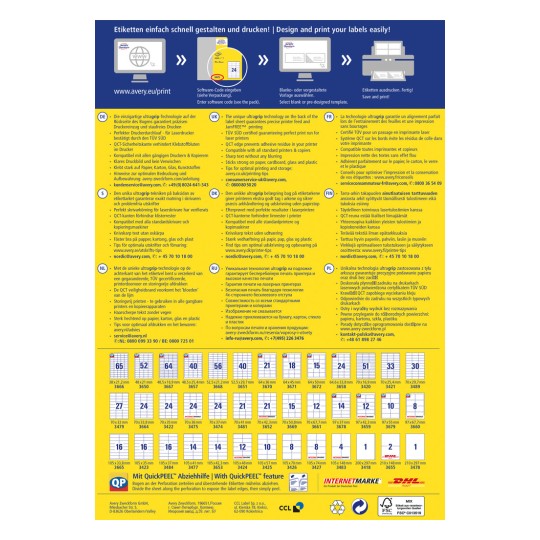 Billedet er en detaljeret infografik om design og udskrivning af etiketter. Det indeholder instruktioner og tips på flere sprog, der fremhæver funktioner som QCT-teknologien for at forhindre papirstop. Det indeholder også kontaktoplysninger og en tabel med forskellige etiketstørrelser og deres respektive koder for nem identifikation og brug.