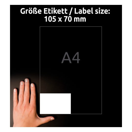 Størrelsessammenligning med hånd, artikel: 3426, et ark universelle etiketter, format: 105 x 70 mm, farve: hvid?