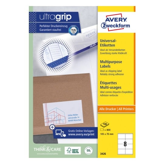Emballagebillede: Avery Zweckform Universal-etiketter, permanent klæbende, Artikel: 3426, Format: 105 x 70 mm, Printeregnet: Inkjet, Laser sort/hvid, Farvelaser, Indhold: 800 etiketter / 100 ark, 8 etiketter/ark