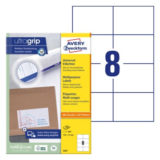 Pakningsbillede med etiketark: Avery Zweckform Universal-Etiketter, Artikel: 3427, Format: 105 x 74 mm, Printkompatibilitet: Inkjet, Laser s/h, Farvelaser, Indhold: 800 etiketter / 100 ark, 8 etiketter/ark.