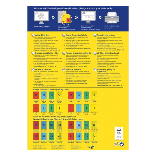 Billedet er en vejledning til at designe og printe farverige organiseringsetiketter. Det inkluderer information på forskellige sprog, tips til optimal printning og en liste over etiketstørrelser og produktkoder fra Avery.