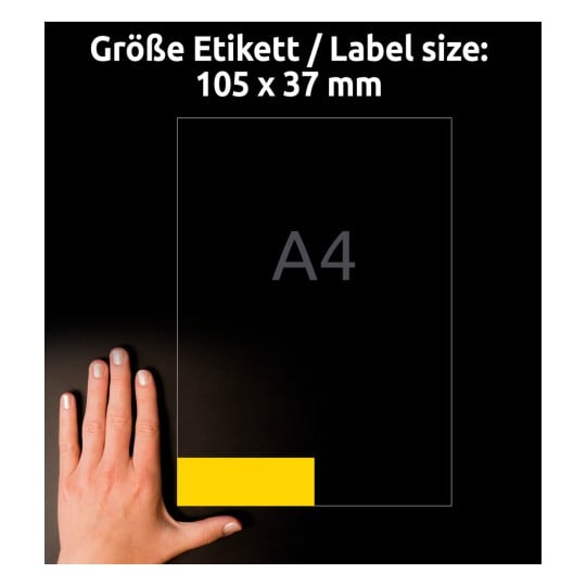 Størrelsessammenligning med hånd, Artikel: 3455, et ark farvede etiketter, Format: 105 x 37 mm, Farve: Gul?