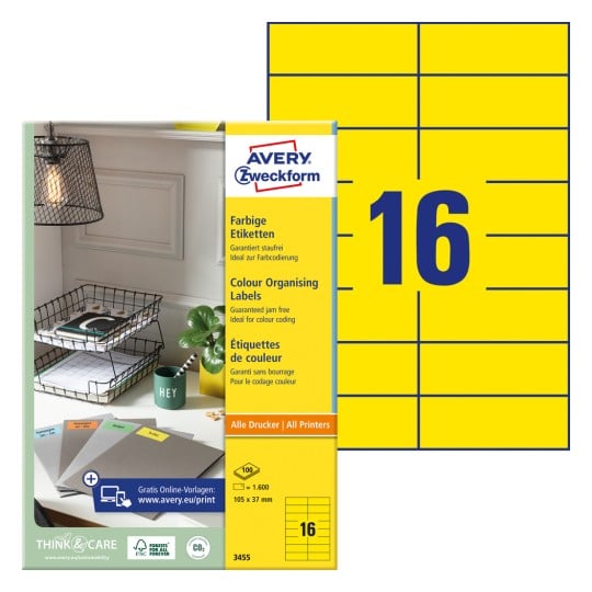Pakningsbillede med etiketark: Avery Zweckform Farvede Etiketter, Artikel: 3455, Format: 105 x 37 mm, Egnet til printer: Inkjet, sort/hvid laser, farvelaser, Indhold: 1.600 etiketter / 100 ark, 16 etiketter/ark.