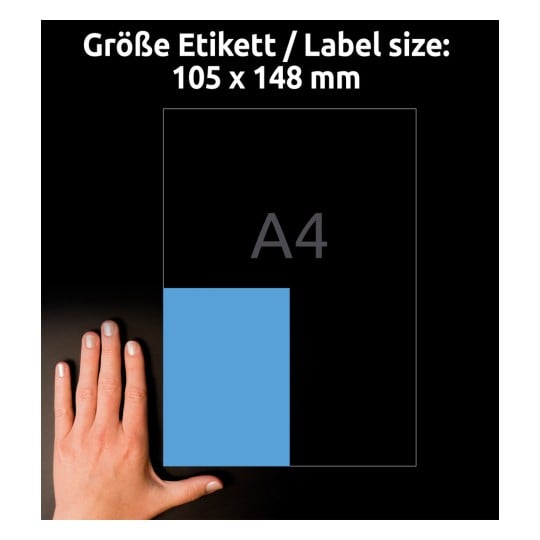 Billedet viser en hånd ved siden af en blå etiket på 105 x 148 mm, med en overlejring der angiver etikkens størrelse i forhold til et A4-papir.