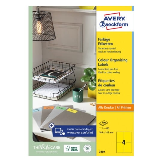 Pakningsbillede: Avery Zweckform Farvede Etiketter, permanent klæbende, Artikel: 3459, Format: 105 x 148 mm, Printeregnet: Inkjet, Laser s/h, Farvelaser, Indhold: 400 etiketter / 100 ark, 4 etiketter/ark.