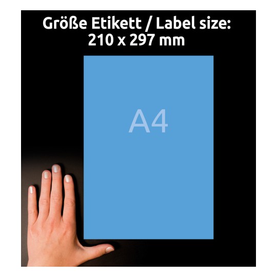 Størrelsessammenligning med hånd, Artikel: 3471, et ark farvede etiketter, format: 210 x 297 mm, farve: blå?