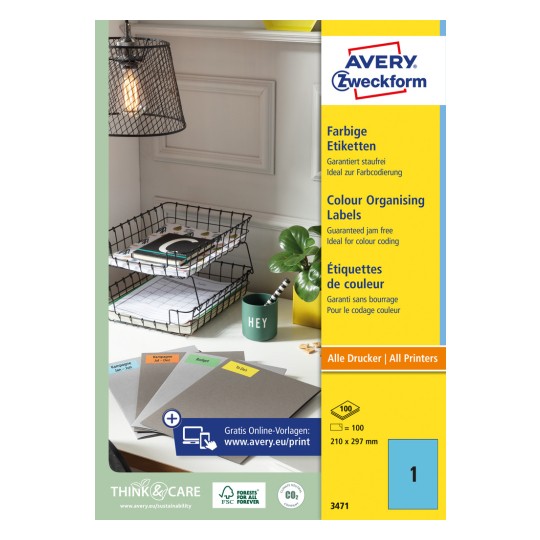 Pakningsbillede: Avery Zweckform Farvede Etiketter, permanent klæbende, Artikel: 3471, Format: 210 x 297 mm, Printeregnet: Inkjet, Laser s/h, Farvelaser, Indhold: 100 Etiketter / 100 Ark, 1 Etiket/Ark.