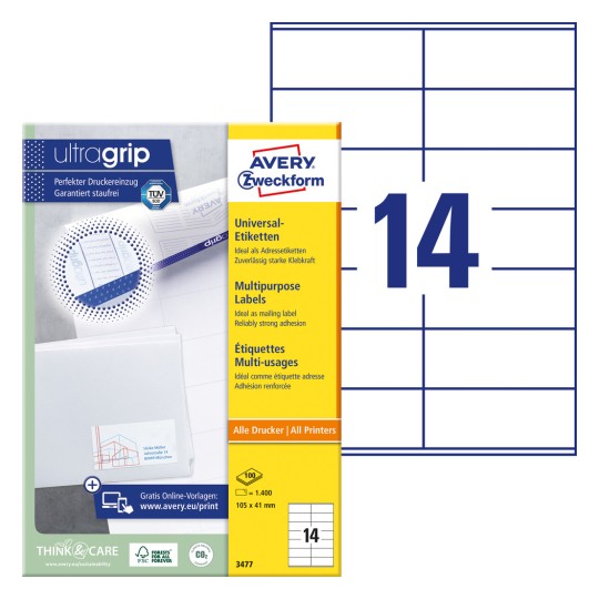 Pakningsbillede med etiketark: Avery Zweckform Universal-etiketter, Varenummer: 3477, Format: 105 x 41 mm, Printeregnethed: Inkjet, Lasers/h, Farvelaser, Indhold: 1.400 etiketter / 100 ark, 14 etiketter/ark.