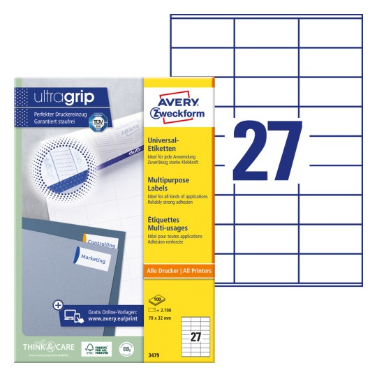 Pakkebillede med etiketark: Avery Zweckform Universal-Etiketter, Artikel: 3479, Format: 70 x 32 mm, Printeregnethed: Inkjet,Laser s/h,Farvelaser, Indhold: 2.700 etiketter / 100 ark, 27 etiketter/ark?