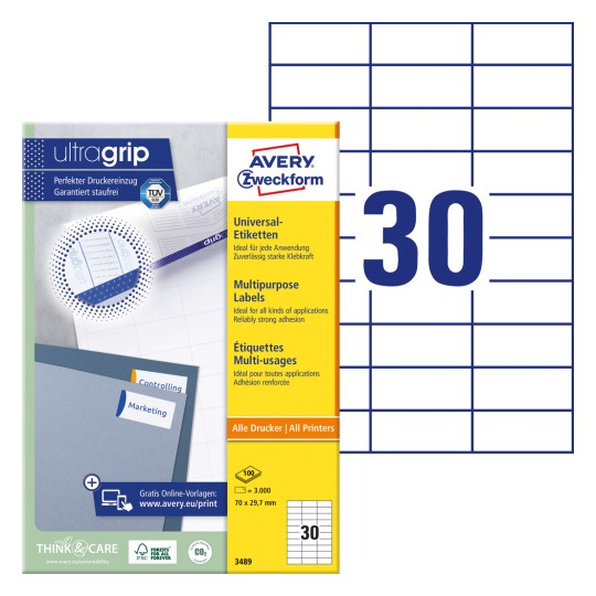 Pakkebillede med etiketark: Avery Zweckform Universaletiketter, Artikel: 3489, Format: 70 x 29,7 mm, Printeregnet: Inkjet, Laser s/h, Farvelaser, Indhold: 3.000 etiketter / 100 ark, 30 etiketter pr. ark.
