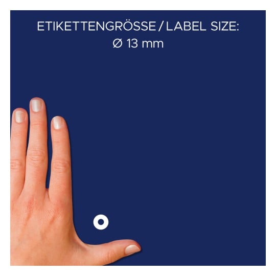 Størrelsessammenligning med hånd, Artikel: 3510, et ark hulforskyverstærkninger, Format: ⌀ 13 mm, Farve: Transparent?