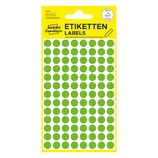 Pakningsbillede: Avery Zweckform farvede markeringspunkter, artikel: 3592, format: ⌀ 8 mm, indhold: 416 markeringspunkter / 4 ark, 104 markeringspunkter/ark.