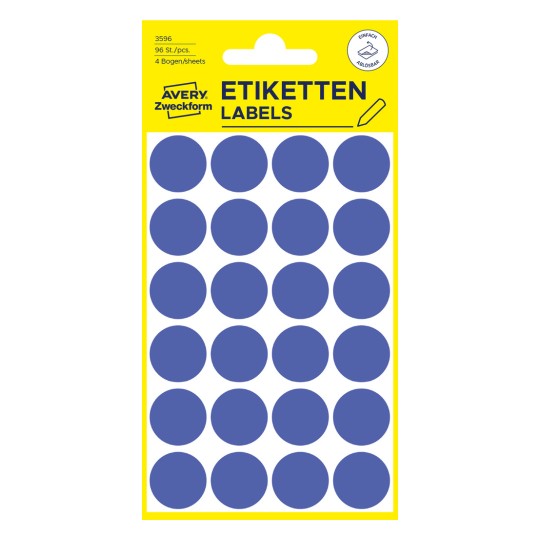 Pakningsbillede: Avery Zweckform Farvede Markeringspunkter, Artikel: 3596, Format: ⌀ 18 mm, Indhold: 96 markeringspunkter / 4 ark, 24 markeringspunkter/ark