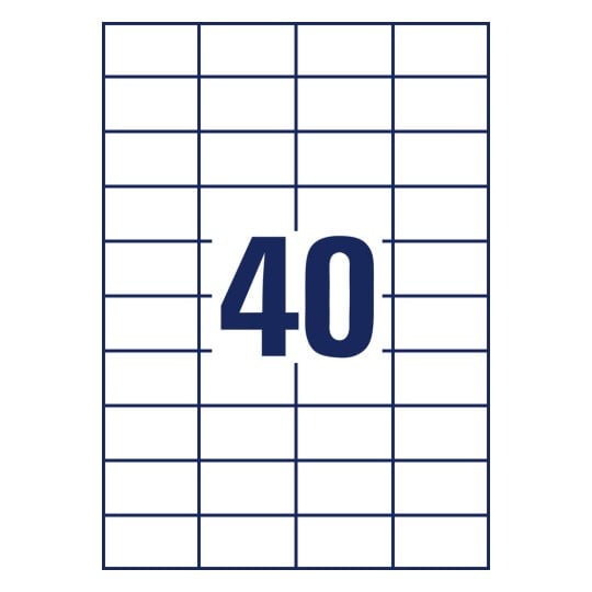 Stansetegning enkeltark A4, Artikel: 3651, Universal-etiketter, Format: 52,5 x 29,7 mm, 40 etiketter/ark.