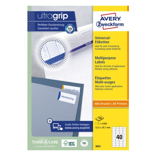 Pakkeillustration: Avery Zweckform universal-etiketter, permanent klæbende, Artikel: 3651, Format: 52,5 x 29,7 mm, Printeregnethed: Inkjet, Laser s/h, Farvelaser, Indhold: 4.000 etiketter / 100 ark, 40 etiketter/ark.